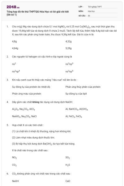 Tổng hợp đề thi thử THPTQG Hóa Học có lời giải chi tiết (Đề số 1)