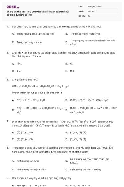15 Đề thi thử THPTQG 2019 Hóa Học chuẩn cấu trúc của bộ giáo dục (Đề số 15)