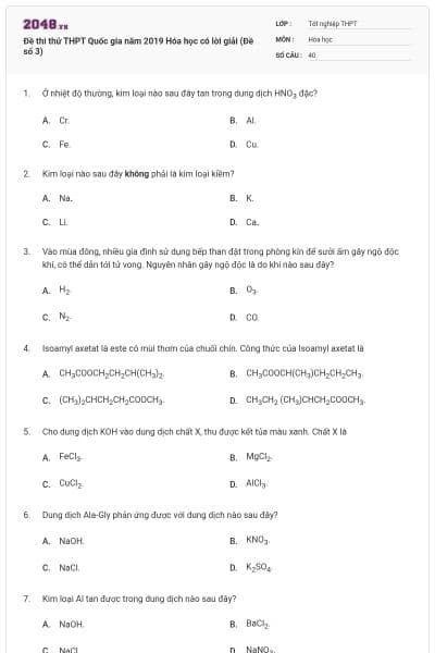Đề thi thử THPT Quốc gia năm 2019 Hóa học có lời giải (Đề số 3)