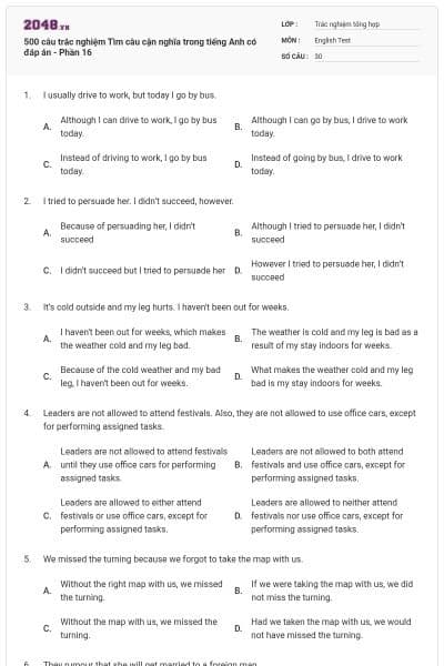 500 câu trắc nghiệm Tìm câu cận nghĩa trong tiếng Anh có đáp án - Phần 16