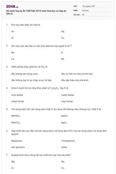 Đề minh hoạ kỳ thi THPTQG 2019 môn Hoá học có đáp án (Đề 6)