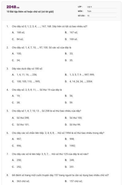 10 Bài tập Đếm số hoặc chữ số (có lời giải)
