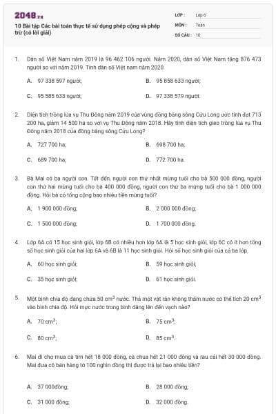 10 Bài tập Các bài toán thực tế sử dụng phép cộng và phép trừ (có lời giải)