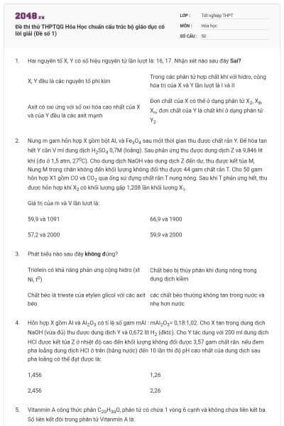 Đề thi thử THPTQG Hóa Học chuẩn cấu trúc bộ giáo dục có lời giải (Đề số 1)