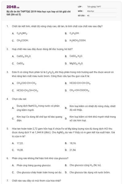 Bộ đề ôn thi THPTQG 2019 Hóa học cực hay có lời giải chi tiết (Đề số 5)