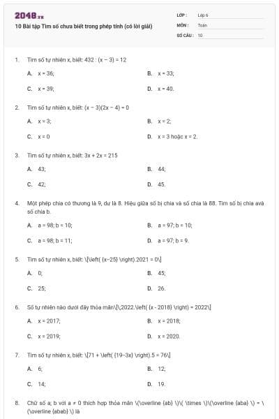 10 Bài tập Tìm số chưa biết trong phép tính (có lời giải)