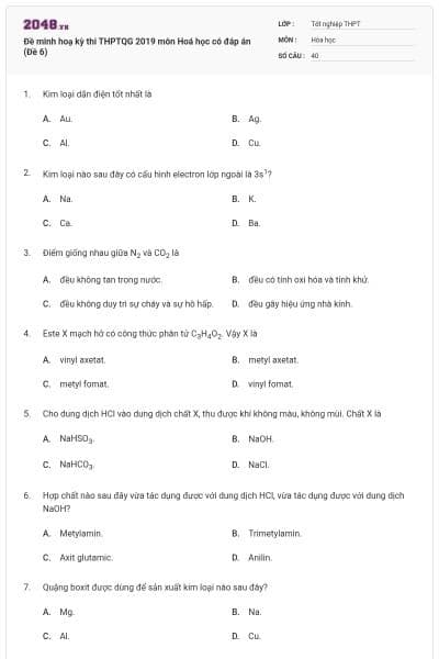 Đề minh hoạ kỳ thi THPTQG 2019 môn Hoá học có đáp án (Đề 6)