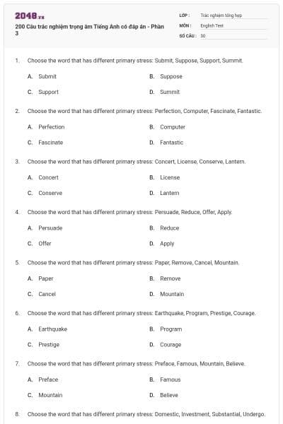 200 Câu trắc nghiệm trọng âm Tiếng Anh có đáp án - Phần 3