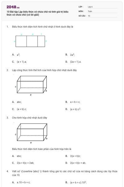 10 Bài tập Lập biểu thức có chứa chữ và tính giá trị biểu thức có chứa chữ (có lời giải)