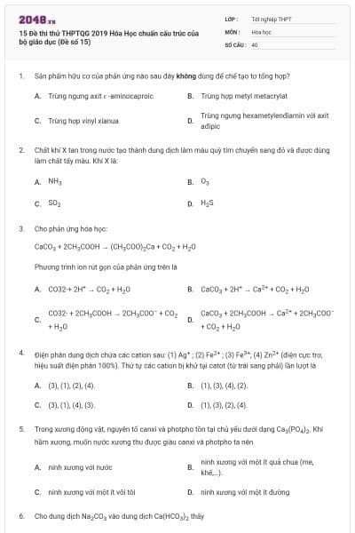 15 Đề thi thử THPTQG 2019 Hóa Học chuẩn cấu trúc của bộ giáo dục (Đề số 15)
