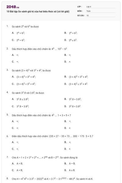 10 Bài tập So sánh giá trị của hai biểu thức số (có lời giải)