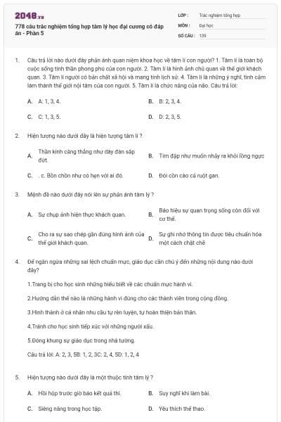 778 câu trắc nghiệm tổng hợp tâm lý học đại cương có đáp án - Phần 5