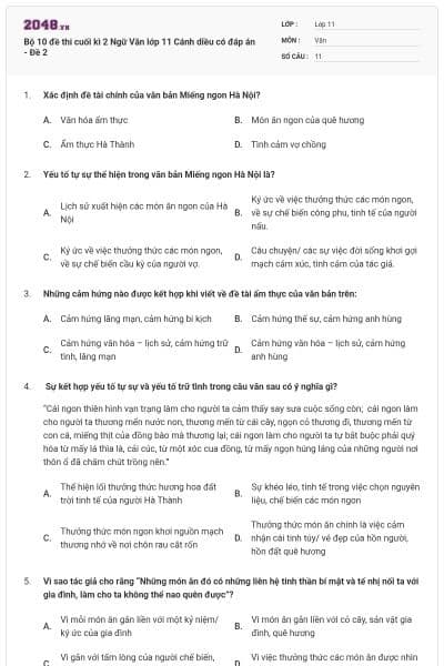 Bộ 10 đề thi cuối kì 2 Ngữ Văn lớp 11 Cánh diều có đáp án - Đề 2