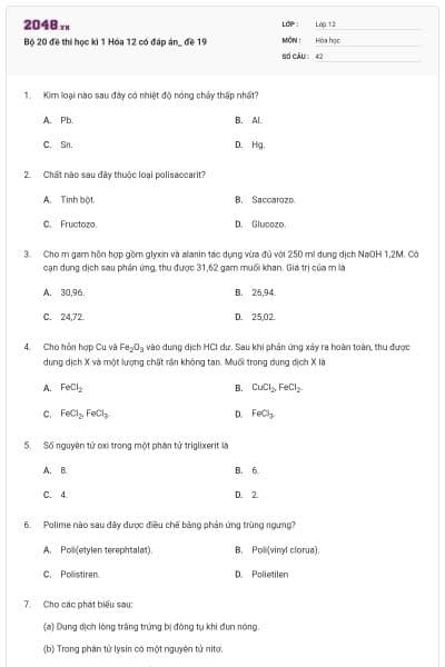 Bộ 20 đề thi học kì 1 Hóa 12 có đáp án_ đề 19
