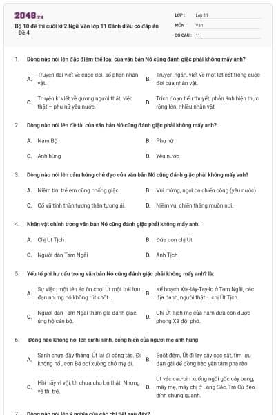 Bộ 10 đề thi cuối kì 2 Ngữ Văn lớp 11 Cánh diều có đáp án - Đề 4