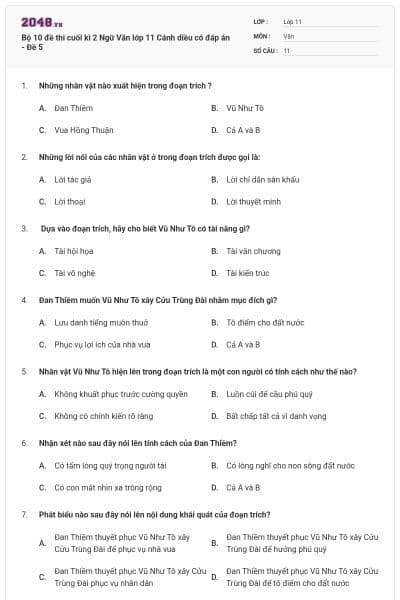 Bộ 10 đề thi cuối kì 2 Ngữ Văn lớp 11 Cánh diều có đáp án - Đề 5