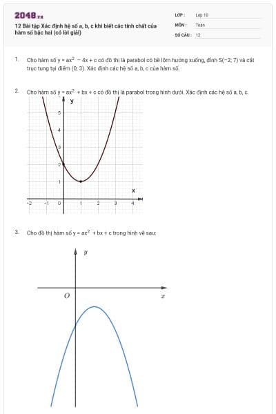 12 Bài tập Xác định hệ số a, b, c khi biết các tính chất của hàm số bậc hai (có lời giải)