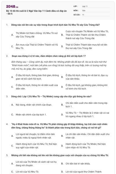 Bộ 10 đề thi cuối kì 2 Ngữ Văn lớp 11 Cánh diều có đáp án - Đề 6