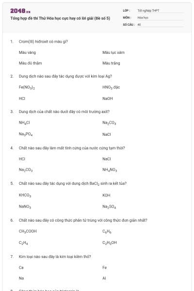 Tổng hợp đề thi Thử Hóa học cực hay có lời giải (Đề số 5)