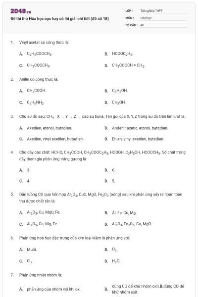 Đề thi thử Hóa học cực hay có lời giải chi tiết (đề số 18)