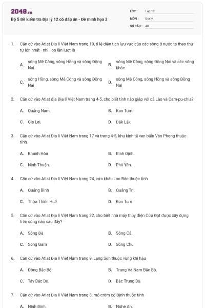 Bộ 5  Đề kiểm tra Địa lý 12 có đáp án - Đề minh họa 3