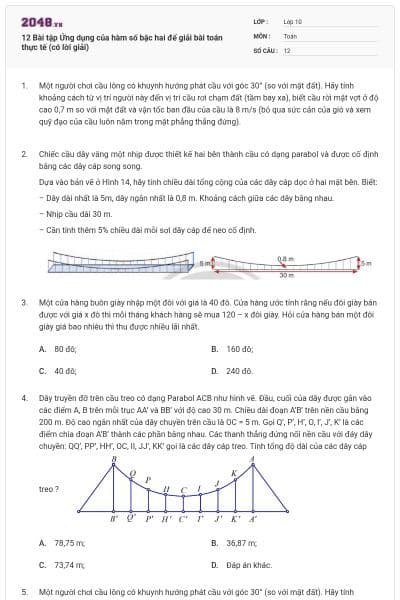 12 Bài tập Ứng dụng của hàm số bậc hai để giải bài toán thực tế (có lời giải)