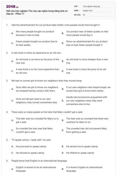 500 câu trắc nghiệm Tìm câu cận nghĩa trong tiếng Anh có đáp án - Phần 17