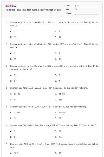 10 Bài tập Tính độ dài đoạn thẳng, độ dài vectơ (có lời giải)