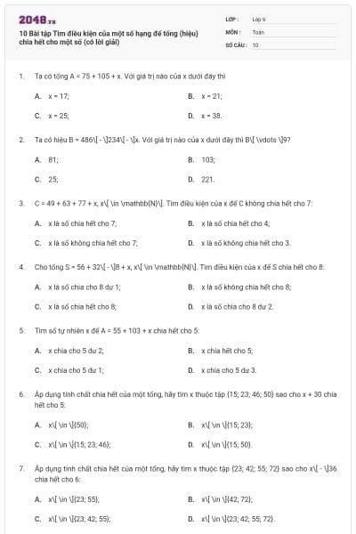 10 Bài tập Tìm điều kiện của một số hạng để tổng (hiệu) chia hết cho một số (có lời giải)