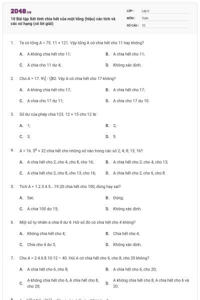 10 Bài tập Xét tính chia hết của một tổng (hiệu) các tích và các số hạng (có lời giải)