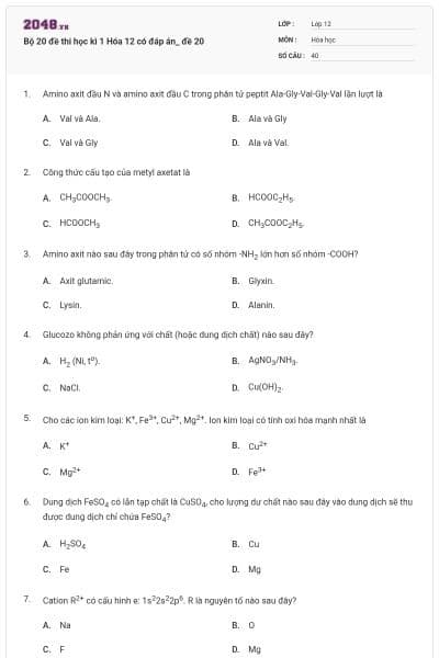 Bộ 20 đề thi học kì 1 Hóa 12 có đáp án_ đề 20