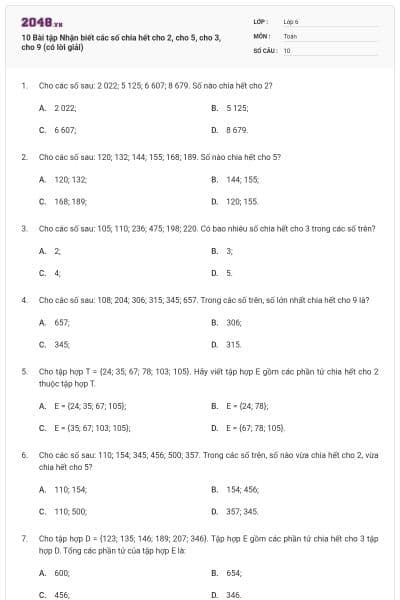 10 Bài tập Nhận biết các số chia hết cho 2, cho 5, cho 3, cho 9 (có lời giải)