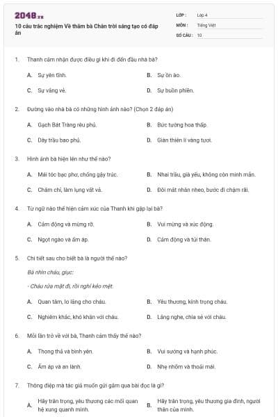 10 câu trắc nghiệm Về thăm bà Chân trời sáng tạo có đáp án