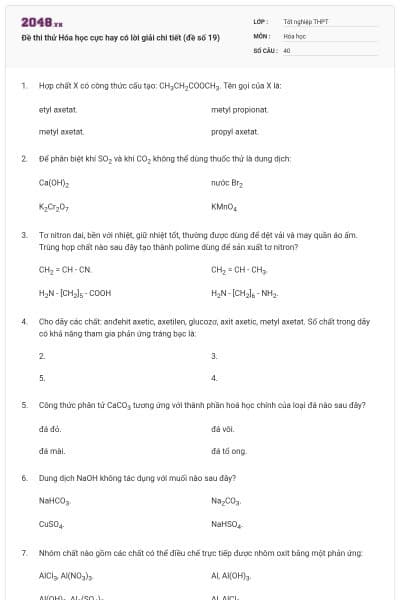 Đề thi thử Hóa học cực hay có lời giải chi tiết (đề số 19)
