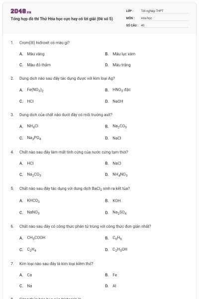 Tổng hợp đề thi Thử Hóa học cực hay có lời giải (Đề số 5)