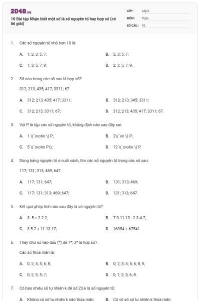 10 Bài tập Nhận biết một số là số nguyên tố hay hợp số (có lời giải)