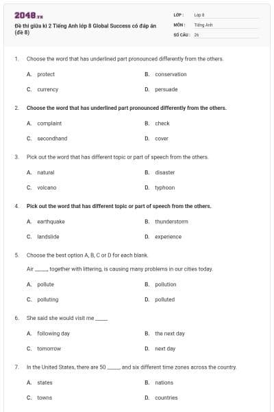 Đề thi giữa kì 2 Tiếng Anh lớp 8 Global Success có đáp án (đề 8)