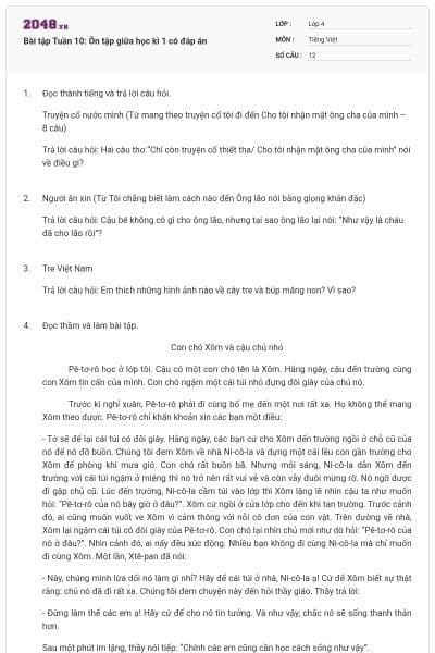 Bài tập Tuần 10: Ôn tập giữa học kì 1 có đáp án