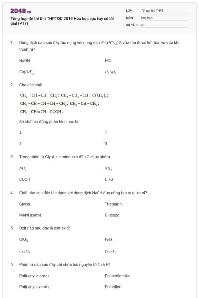 Tổng hợp đề thi thử THPTQG 2019 Hóa học cực hay có lời giải (P17)