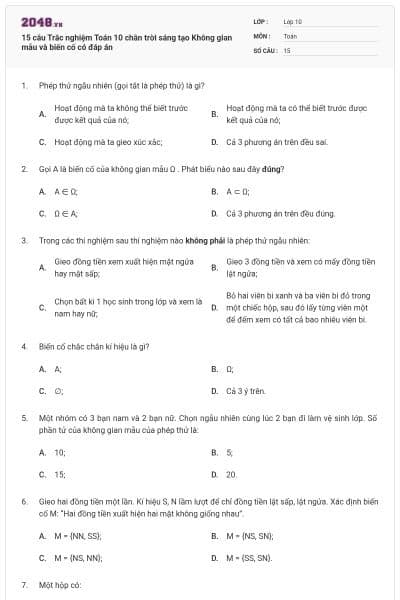 15 câu  Trắc nghiệm Toán 10 chân trời sáng tạo Không gian mẫu và biến cố có đáp án