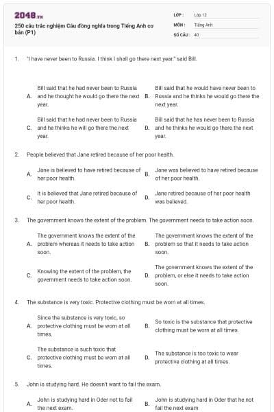 250 câu trắc nghiệm Câu đồng nghĩa trong Tiếng Anh cơ bản (P1)