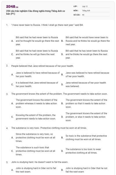 250 câu trắc nghiệm Câu đồng nghĩa trong Tiếng Anh cơ bản (P1)