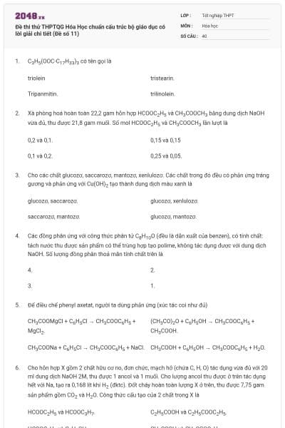 Đề thi thử THPTQG Hóa Học chuẩn cấu trúc bộ giáo dục có lời giải chi tiết (Đề số 11)