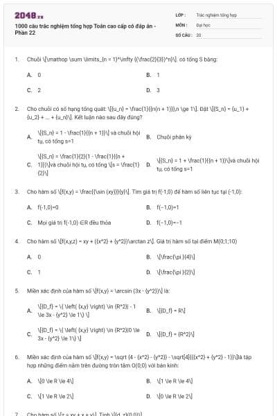 1000 câu trắc nghiệm tổng hợp Toán cao cấp có đáp án - Phần 22