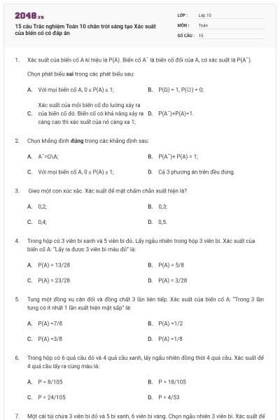 15 câu  Trắc nghiệm Toán 10  chân trời sáng tạo Xác suất của biến cố có đáp án