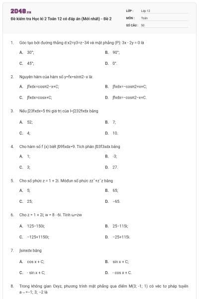 Đề kiểm tra Học kì 2 Toán 12 có đáp án (Mới nhất) - Đề 2
