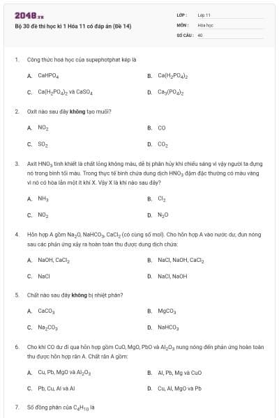 Bộ 30 đề thi học kì 1 Hóa 11 có đáp án (Đề 14)