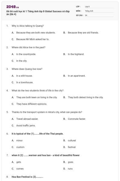 Đề thi cuối học kì 1 Tiếng Anh lớp 8 Global Success có đáp án (Đề 4)