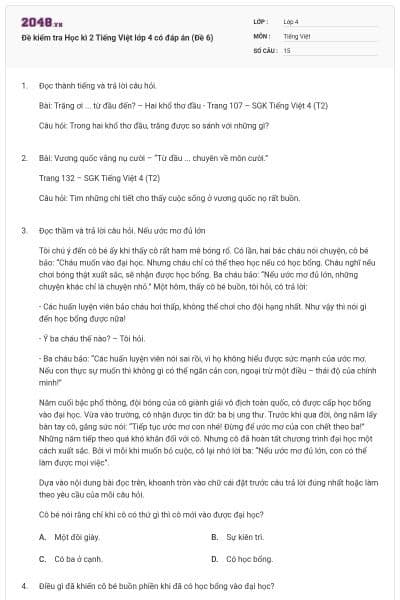 Đề kiểm tra Học kì 2 Tiếng Việt lớp 4 có đáp án (Đề 6)