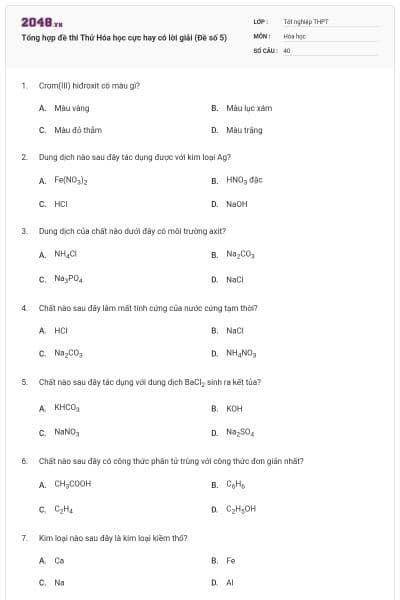 Tổng hợp đề thi Thử Hóa học cực hay có lời giải (Đề số 5)